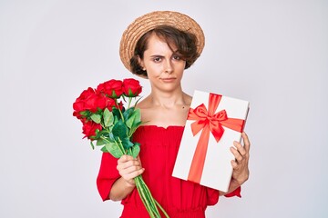 Young hispanic woman holding gift and bouquet of flowers for anniversary skeptic and nervous, frowning upset because of problem. negative person.