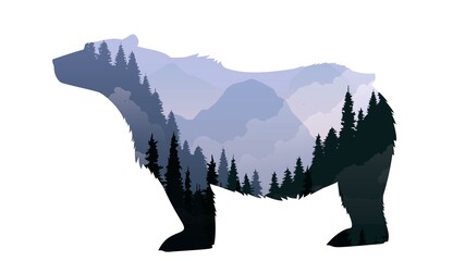 bear silhouette with fir forest and mountains, nature symbol