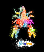 Scorpion Of Multicolored Patterns. T-shirt Print. Scorpio Zodiac Sign. Mixed Media. Vector Illustration