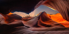 Panorama Beautiful Wide Angle View Of Amazing Sandstone Formations In Famous Antelope Canyon On A Sunny Day With Blue Sky Near The Old Town Of Page At Lake Powell, American Southwest, Arizona, USA
