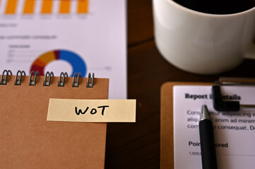 Poster - There is a clipboard, a cup of coffee, and a notebook with a sticky note stuck to it that says WoTwritten on it. It was an abbreviation for Web of Things.