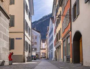 Historical narrow street in Chur, considered to be the oldest town in Switzerland and is the capital of the Swiss canton of Graubunden.