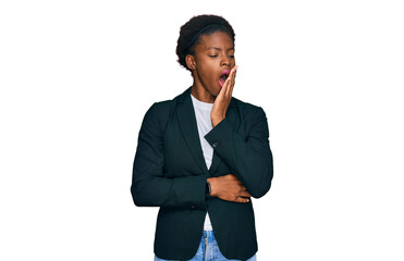 Sticker - Young african american girl wearing business clothes bored yawning tired covering mouth with hand. restless and sleepiness.