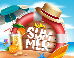 Wall Mural - hello summer vector concept design. hello summer text in wood texture with colorful beach elements l