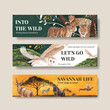 Banner template with savannah wildlife concept design watercolor illustration