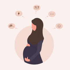 Sad pregnant woman doubts. Anxious arab girl has many questions. Young mother needs psychological help. Family support and pregnancy assistance. Vector illustration in flat cartoon style.