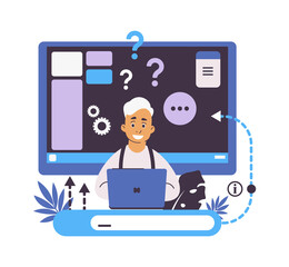 Aufkleber - Online help and web forum. Searching information concept. FAQ or customer support. Feedback with confused clients. Cartoon man asking questions. Vector person writing query to corporate assistance