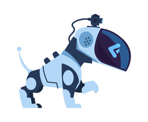 Poster - Futuristic robot dog. Cartoon electronic robotic toy. Modern automatic moving bot with remote control and artificial intelligence. Isolated cute mechanical pet giving paw. Vector friendly android