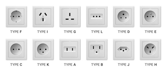 Realistic socket. 3D white plastic devices for access to electric power. Different types set of connectors and adapters. Isolated electrical equipment on wall. Vector appliance set for charging supply