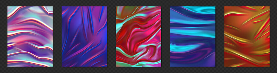 Poster - Holographic foil. Realistic minimal iridescent poster with rainbow light mesh. Colorful 3D hologram cover. Decorative silky texture set with folds and metallic luster. Vector shimmery fabric samples