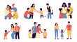© SpicyTruffel - Adoption. Cartoon young couple adopt happy international kids. Cute scenes of cheerful foster parents. Caring for orphan. Mother and father hugging children. Vector multiracial families illustration