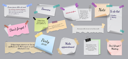 Poster - Sticky notes. Realistic reminders on adhesive tapes with clip binders and pins, torn notebook sheets. Writing memos on crumpled notepapers with folded corners. Vector colorful paper pages and lists