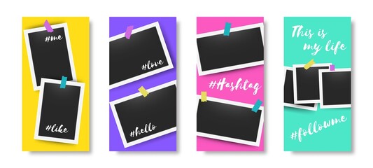 Fototapete - Social media editable story frames. Trendy banners with blank moment photos. Photographs attached to adhesive tape. Colorful templates set for network with and copy space. Vector snapshot mockup