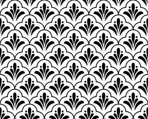 Flower geometric pattern. Seamless vector background. White and black ornament. Ornament for fabric, wallpaper, packaging. Decorative print