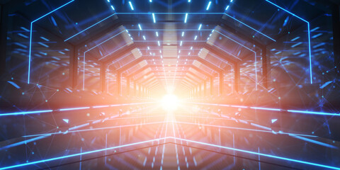 Wall Mural - Abstract interior sci-fi spaceship corridors. futuristic design spaceship interior in blue background. 3d rendering.