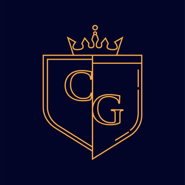 CG initial logotype, colored orange with emblem and crown, line art and classic design, isolated on dark background.