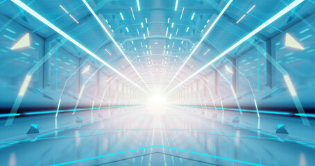 Wall Mural - Abstract interior sci-fi spaceship corridors. futuristic design spaceship interior in blue background. 3d rendering.