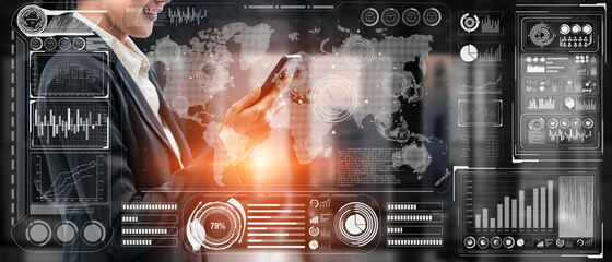 Poster - global finance analysis and big data research concept . futuristic screen showing large statistic in
