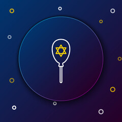 Poster - Line Balloons with ribbon with star of david icon isolated on blue background. Balloon with israel flag. Colorful outline concept. Vector.