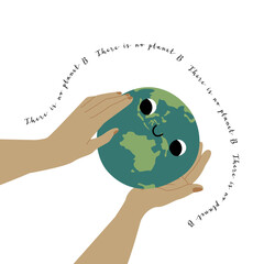 Wall Mural - Cute planet Earth character with smiling face. Kawaii globe. Funny celestial body. Hands hold our planet. Happy Earth Day, Earth Hour, environment safety celebration. Vector flat cartoon illustration