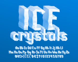 Fototapete - Ice Crystals alphabet font. 3D cartoon narrow letters, numbers and symbols. Uppercase and lowercase. Stock vector typescript for your typography design.