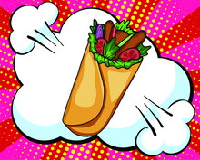 Hand Drawn Fresh Tortilla Wraps. Vector Fast Food Sketch. Comic Book Style, Pop Art Retro Vector Illustration