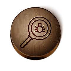 Poster - Brown line Flea search icon isolated on white background. Wooden circle button. Vector.