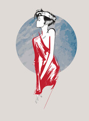 Fashionable red dress sketch. Woman in red dress