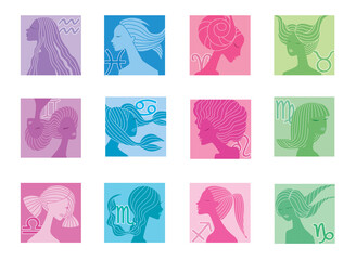 Wall Mural - Set of Zodiac sign as the head of a beautiful girl with a stylized hairstyle, illustration