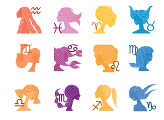 Wall Mural - Set of Zodiac sign as the head of a beautiful girl with a stylized hairstyle, illustration