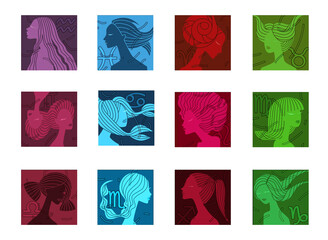 Wall Mural - Set of Zodiac sign as the head of a beautiful girl with a stylized hairstyle, illustration