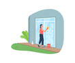 Woman washing window outside flat color vector faceless character. House chores, housekeeping. Outdoor spring cleaning isolated cartoon illustration for web graphic design and animation