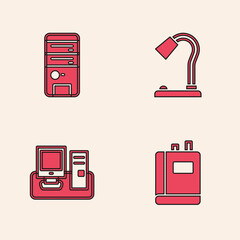 Poster - Set Book, Computer, Table lamp and Monitor with keyboard icon. Vector.