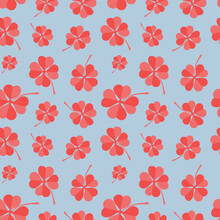 Red Four Leaf Clovers On Blue Background. Trendy Vector Pattern Made Of Four Leaf Clovers. Seamless Design For Banner, Card, Wallpapers And Wrapping.