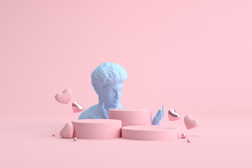 Poster - Mock up podium of  heart balloons and human sculpture, Product presentation. 3d rendering.