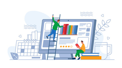 Aufkleber - Digital online education application or app, person choosing new book on computer screen. Vector student characters learning online at home on smartphone. Dictionary encyclopedia, web archive