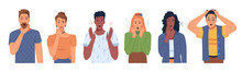 Shocked Scared People Faces Set Isolated Flat Cartoon Portraits. Vector Man And Woman In Stress, Panicked Or Terrified Characters In Horror. Multi Ethnic Adults In Fear, Nervous Frightened Persons
