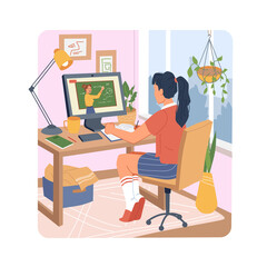 Aufkleber - Distance education on quarantine woman student learning online on computer at home. Vector female in rooms sitting at desks with lamp on chair, studying geometry lesson, tutorial teacher on screen