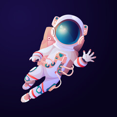 Aufkleber - Astronaut scientific hero waving hand in cosmos. Vector cartoon astronomy explorer in space suit and helmet, exploration of galaxy universe. Spaceman with breathing oxygen tanks, blue background