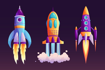 Aufkleber - Space ship launch, rocket with fire trace and smoke isolated cartoon set. Vector start of business or new project symbol, boosters in flight. Takeoff of rocketship, spacecraft and clouds flaming