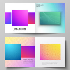 The vector illustration of editable layout of two covers templates for square design bifold brochure, magazine, flyer, booklet. Abstract geometric pattern with colorful gradient business background