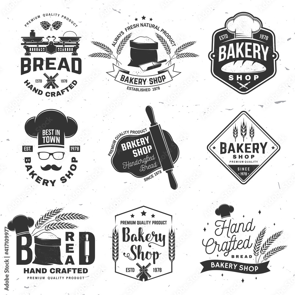 Set of Bakery shop badge. Vector Design with windmill, rolling pin ...