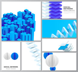 Poster - Vector layouts of modern social network mockup for cover design, website design, website backgrounds or advertising. 3d render vector composition with dynamic realistic geometric blue shapes in motion