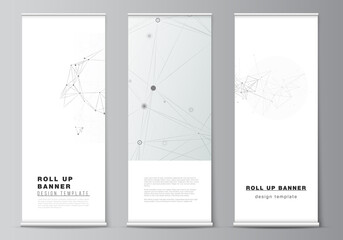 Wall Mural - Vector layout of roll up mockup templates for vertical flyers, flags design templates, banner stands, advertising mockups. Gray technology background with connecting lines and dots. Network concept.