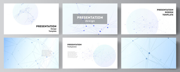 Vector layout of presentation slides design business templates, multipurpose template for presentation brochure, brochure cover, report. Blue medical background with connecting lines and dots, plexus.