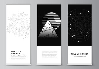 Wall Mural - Vector layout of roll up design templates for vertical flyers, flags design templates, banner stands. Black color technology background. Digital visualization of science, medicine, tech concept.