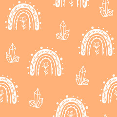Wall Mural - Rainbow with crystal and flower seamless pattern. Abstract spring boho wallpaper. Kids pattern for nursery. Cute baby print. Vector childish background in scandinavian style.