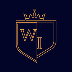 WI initial logotype, colored orange with emblem and crown, line art and classic design, isolated on dark background.