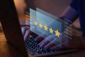 writing review on internet with 5 star rating, reputation management concept