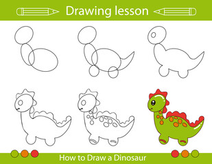 Canvas Print - Drawing lesson for children. How draw a cartoon dinosaur. Drawing tutorial with funny cartoon dragon. Step by step repeats the picture. Kids activity art page for book. Vector illustration.